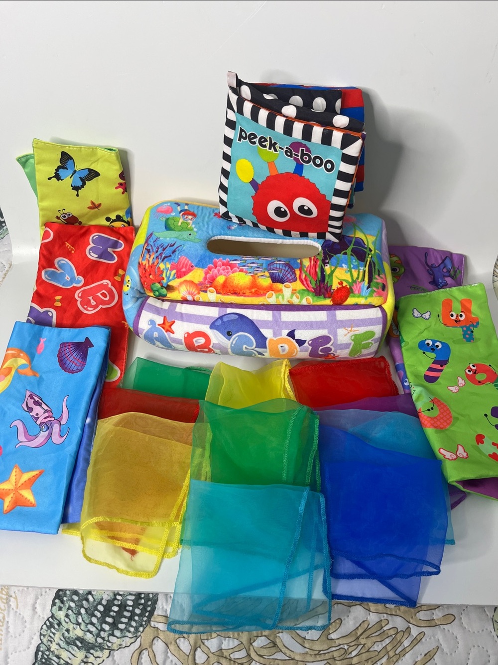 Sensory Baby Pull Tissue Box with Scarves, Sensory Book, Sensory Colorful Mats